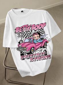 Betty Boop x SHEIN Plus Size Women's Round Neck Cartoon Letter Print Casual Versatile Daily Wear Short Sleeve T-Shirt - White - View 3