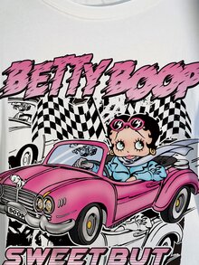 Betty Boop x SHEIN Plus Size Women's Round Neck Cartoon Letter Print Casual Versatile Daily Wear Short Sleeve T-Shirt - White - View 6