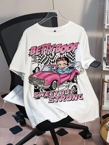 Betty Boop x SHEIN Plus Size Women's Round Neck Cartoon Letter Print Casual Versatile Daily Wear Short Sleeve T-Shirt - White - View 4