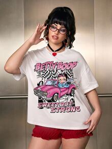 Betty Boop x SHEIN Plus Size Women's Round Neck Cartoon Letter Print Casual Versatile Daily Wear Short Sleeve T-Shirt - White - View 1