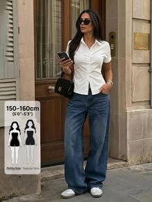 SHEIN PETITE 白色女款收腰百褶短袖襯衫，小碼女款 - 白色 - 查看 12