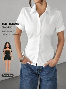 SHEIN PETITE 白色女款收腰百褶短袖襯衫，小碼女款 - 白色 - 查看 9