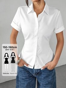 SHEIN PETITE 白色女款收腰百褶短袖襯衫，小碼女款 - 白色 - 查看 11