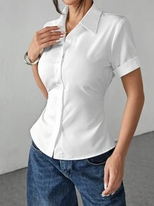 SHEIN PETITE 白色女款收腰百褶短袖襯衫，小碼女款 - 白色 - 查看 6