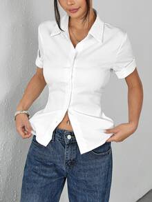 SHEIN PETITE 白色女款收腰百褶短袖襯衫，小碼女款 - 白色 - 查看 4