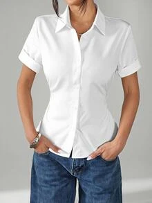 SHEIN PETITE 白色女款收腰百褶短袖襯衫，小碼女款 - 白色 - 查看 1