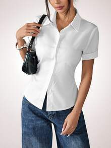 SHEIN PETITE 白色女款收腰百褶短袖襯衫，小碼女款 - 白色 - 查看 7
