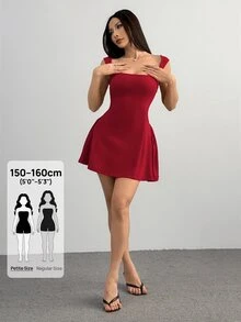 SHEIN PETITE PETITE 女款約會之夜派對純色深紅色迷你 A 字豐滿方領性感優雅收腰洋裝，夏季洋裝，小碼 - 酒紅色 - 查看 5