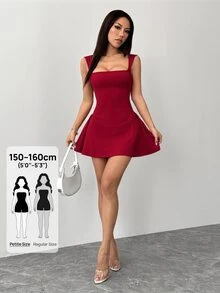SHEIN PETITE PETITE 女款約會之夜派對純色深紅色迷你 A 字豐滿方領性感優雅收腰洋裝，夏季洋裝，小碼 - 酒紅色 - 查看 3