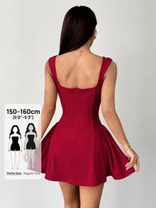 SHEIN PETITE PETITE 女款約會之夜派對純色深紅色迷你 A 字豐滿方領性感優雅收腰洋裝，夏季洋裝，小碼 - 酒紅色 - 查看 2
