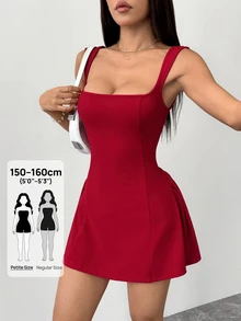 SHEIN PETITE PETITE 女款約會之夜派對純色深紅色迷你 A 字豐滿方領性感優雅收腰洋裝，夏季洋裝，小碼 - 酒紅色 - 查看 7