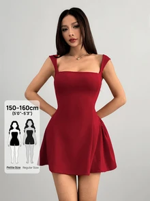 SHEIN PETITE PETITE 女款約會之夜派對純色深紅色迷你 A 字豐滿方領性感優雅收腰洋裝，夏季洋裝，小碼 - 酒紅色 - 查看 6