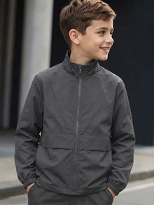 SHEIN Kids Tween Boy Versatile Solid Gray Open Front Long Sleeve Utility Jacket, Suitable For Commuting, School, Daily Casual, Vacation, Travel, Sports, Autumn/Winter - Grey - View 3