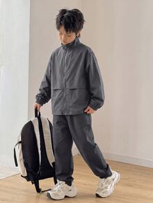 SHEIN Kids Tween Boy Versatile Solid Gray Open Front Long Sleeve Utility Jacket, Suitable For Commuting, School, Daily Casual, Vacation, Travel, Sports, Autumn/Winter - Grey - View 5