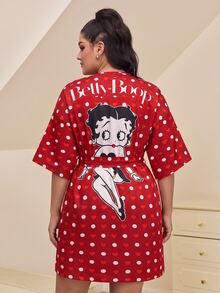 Betty Boop x SHEIN Plus Size Polka Dot Cartoon Print Robe - Red - View 1