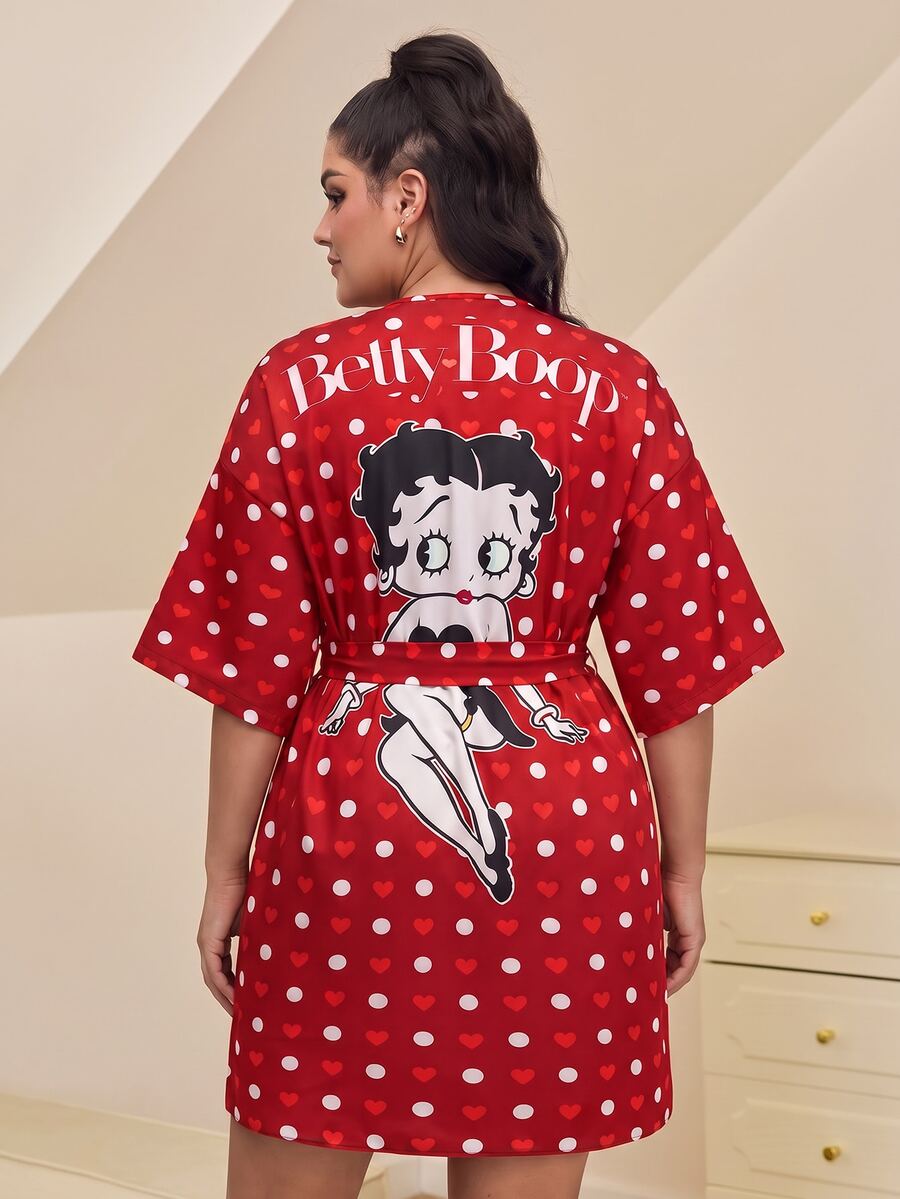 Betty Boop x SHEIN Plus Size Polka Dot Cartoon Print Robe - Red - View 1