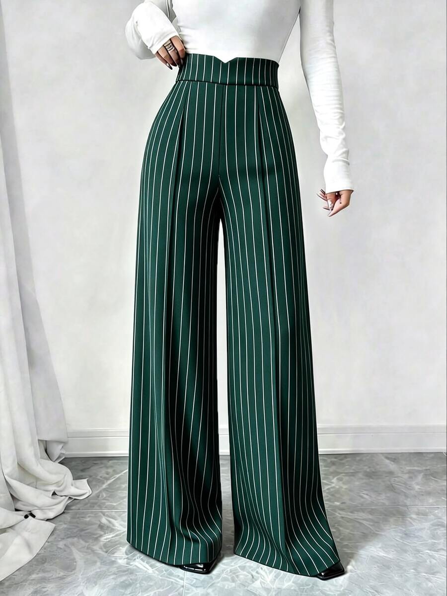 Elenzga Plus Size Women's High Waist Striped Pleated Wide Leg Loose Elegant Long Pants - Multicolor - View 1