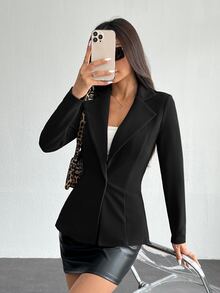 SHEIN PETITE 女款翻領單扣西裝外套，秋冬辦公穿搭，適合嬌小身型女性 - 黑色 - 查看 5