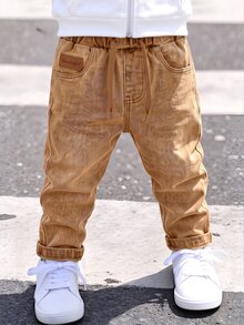 SHEIN Casual Matching Cowboy Elastic Waist Adjustable Drawstring Solid Color Slim Fit Stretch Skinny Jeans Young Boys Students Campus Wear Autumn Fall Baby - Brown - View 3