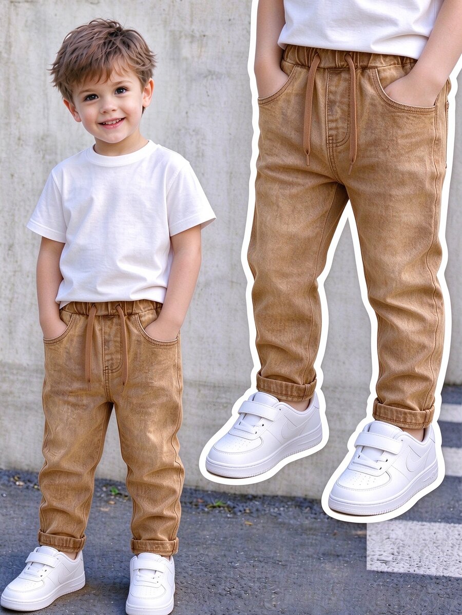 SHEIN Casual Matching Cowboy Elastic Waist Adjustable Drawstring Solid Color Slim Fit Stretch Skinny Jeans Young Boys Students Campus Wear Autumn Fall Baby - Brown - View 1