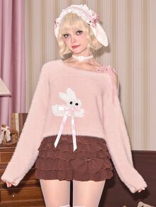 ROMWE Autumn/Winter Faux Mink Yarn Kawaii Rabbit Doll Decor Asymmetrical Shoulder Bow-Knot Cropped Pullover Sweater For Women - Pink - View 4