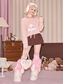 ROMWE Autumn/Winter Faux Mink Yarn Kawaii Rabbit Doll Decor Asymmetrical Shoulder Bow-Knot Cropped Pullover Sweater For Women - Pink - View 2