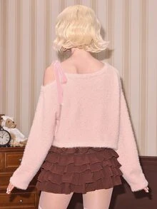 ROMWE Autumn/Winter Faux Mink Yarn Kawaii Rabbit Doll Decor Asymmetrical Shoulder Bow-Knot Cropped Pullover Sweater For Women - Pink - View 7