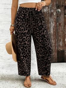 SHEIN PETITE CURVE Plus Size Women Leopard Print Waist Tie Wide Leg Loose Long Pants Autumn Brunch Vacation Chocolate Brown Western - Brown - View 6