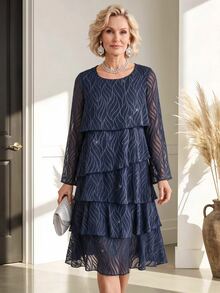 Miaspire Elegant Sequin Jacquard Dress For Middle-Aged Women Vacation Wear - Navy Blue - View 6