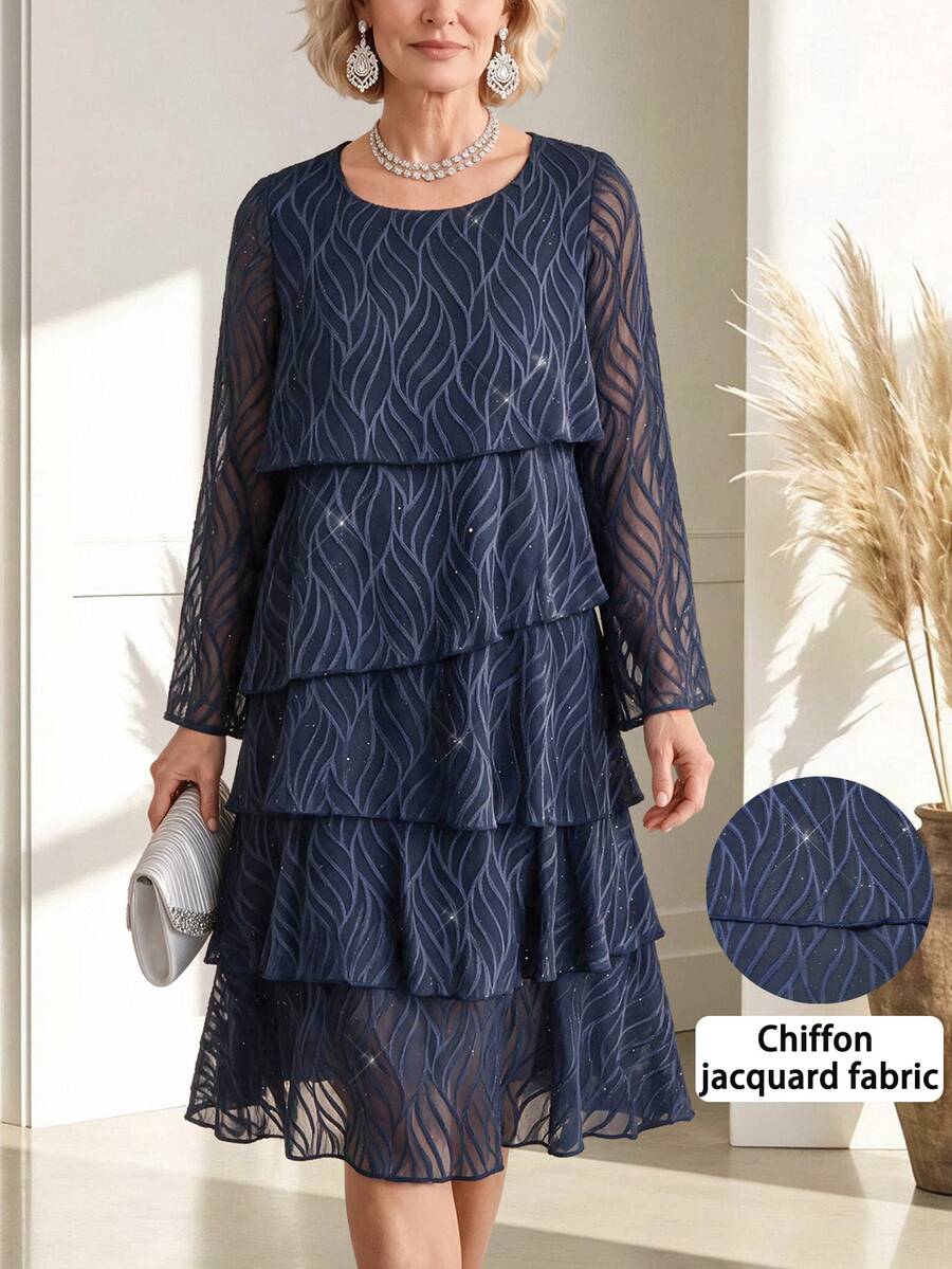 Miaspire Elegant Sequin Jacquard Dress For Middle-Aged Women Vacation Wear - Navy Blue - View 1