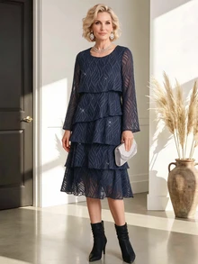 Miaspire Elegant Sequin Jacquard Dress For Middle-Aged Women Vacation Wear - Navy Blue - View 5