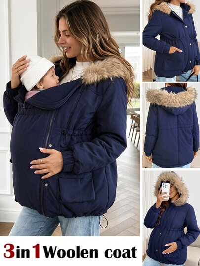 SHEIN Maternity Solid Color Zipper Front Drawstring Waist Hooded 3-In-1 Jacket Fall