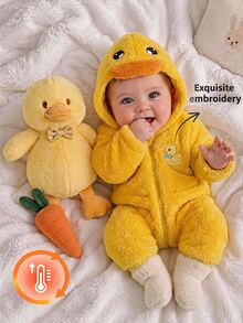 SHEIN بدلة أطفال بنات محبوكة بلون موحد مع فرو صناعي وتطريز بطة نمط كاجوال للخريف والشتاء - أصفر - مشاهدة 5