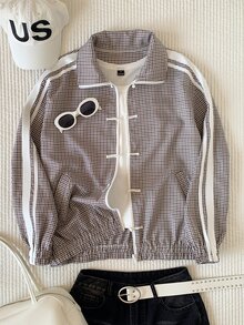 Comfortcana 女款秋季格紋青蛙鈕扣口袋長袖夾克 拿破崙風 日常外出灰色格紋休閒街頭風 - 咖啡棕 - 查看 6