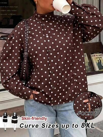 SHEIN CURVE+ Plus Size Women's Polka Dot Casual Multi-Function Commute And Date Long Sleeve Jacket, Date, Commute, Party, Autumn/Autumn/Winter/Summer, Christmas, New Year, Thanksgiving, Party, Wedding, Beach, Graduation, Fashion, Elegant, Casual, Outing, Date, Commute, Shiny, Valentine's Day, Elegant, Holiday, Casual