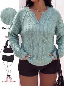 SHEIN CURVE+ 大尺碼女款純色休閒優雅寬鬆百搭日常長袖針織衫 秋季正式派對早晚穿搭 鼠尾草綠 - 藍色 - 查看 1