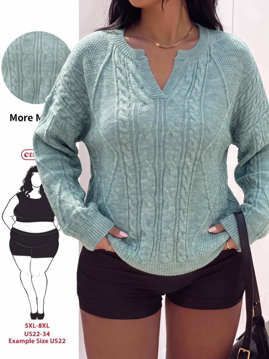 SHEIN CURVE+ 大尺碼女款純色休閒優雅寬鬆百搭日常長袖針織衫 秋季正式派對早晚穿搭 鼠尾草綠 - 藍色 - 查看 1