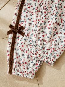 SHEIN Vintaside Kids 2件組幼女連帽外套+長褲套裝，甜美白色花朵天鵝絨蝴蝶結長袖，拉鍊式，生日幼兒園派對秋季假期聖誕嬰兒裝 - 杏色 - 查看 6