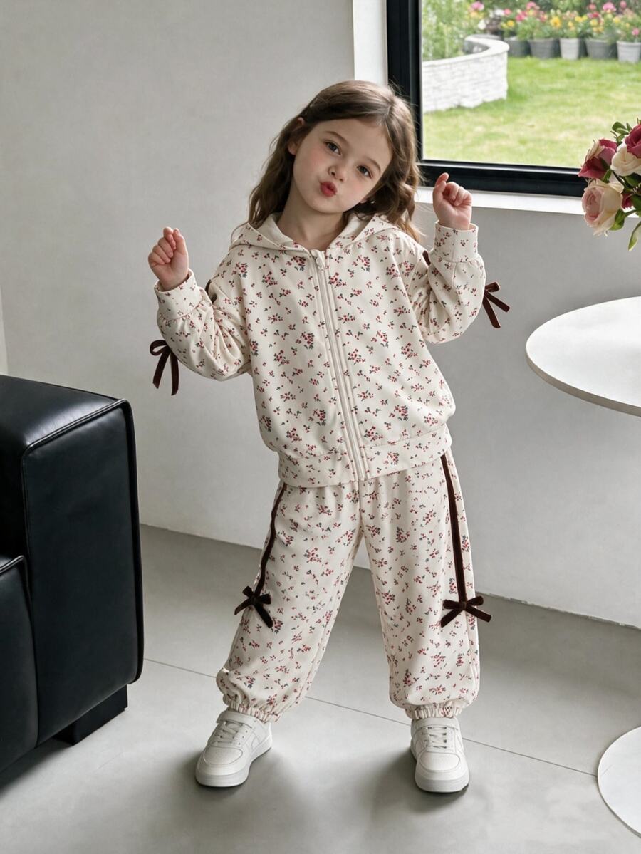 SHEIN Vintaside Kids 2件組幼女連帽外套+長褲套裝，甜美白色花朵天鵝絨蝴蝶結長袖，拉鍊式，生日幼兒園派對秋季假期聖誕嬰兒裝 - 杏色 - 查看 1