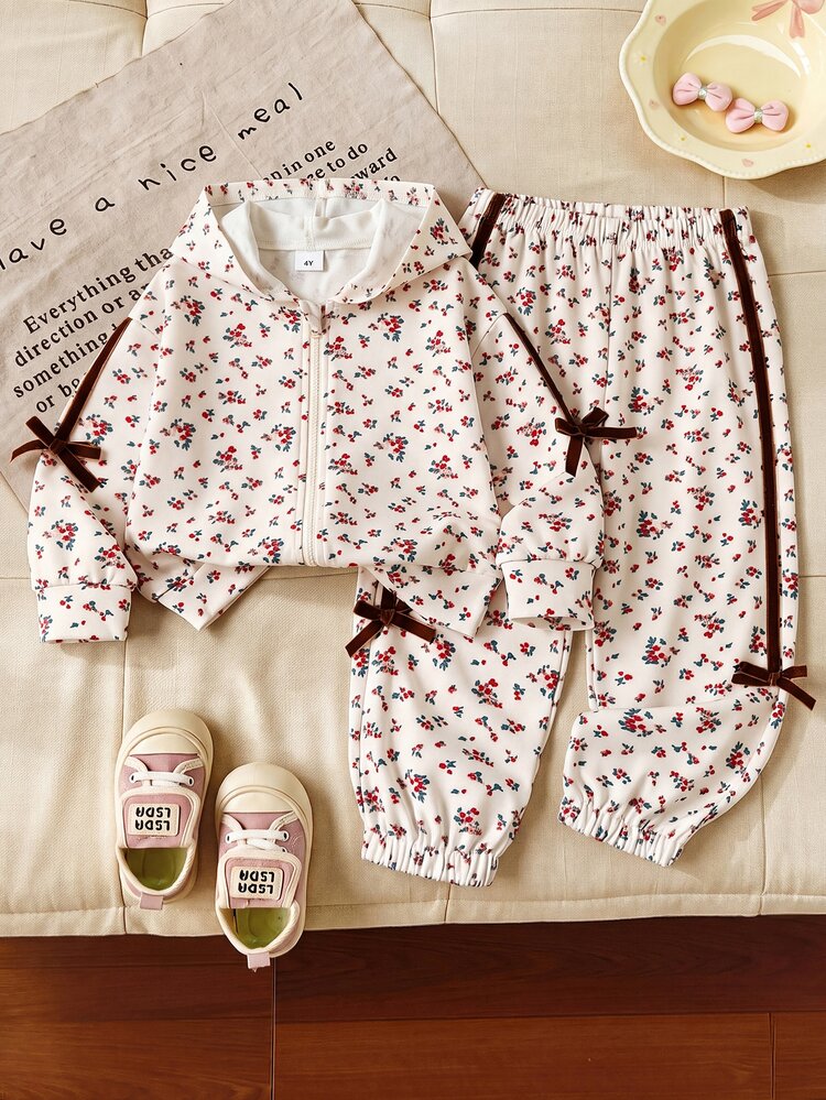 SHEIN Vintaside Kids 2pcs Toddler Girl Hooded Jacket + Pants Sweet White Floral Velvet Bow Long Sleeve Birthday Kindergarten Party Fall Holiday Christmas Zip Up Baby - Apricot - View 4