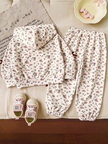 SHEIN Vintaside Kids 2件組幼女連帽外套+長褲套裝，甜美白色花朵天鵝絨蝴蝶結長袖，拉鍊式，生日幼兒園派對秋季假期聖誕嬰兒裝 - 杏色 - 查看 3