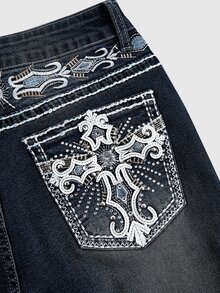 ROMWE Grunge Punk Spring Carnival Y2K Vintage Millennium Sexy Pocket Cross Embroidered Slim Fit Flare Low Waist Jeans For Women - Navy Blue - View 4
