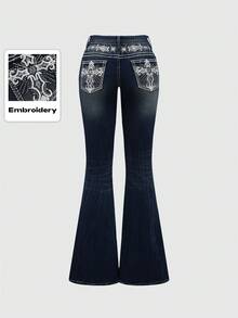 ROMWE Grunge Punk Spring Carnival Y2K Vintage Millennium Sexy Pocket Cross Embroidered Slim Fit Flare Low Waist Jeans For Women - Navy Blue - View 1