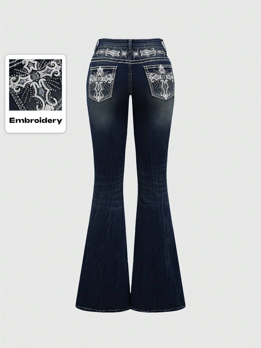 ROMWE Grunge Punk Spring Carnival Y2K Vintage Millennium Sexy Pocket Cross Embroidered Slim Fit Flare Low Waist Jeans For Women - Navy Blue - View 1