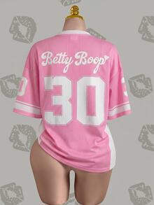 Betty Boop x SHEIN Plus Size Women's Letter Cartoon Print V-Neck Drop Shoulder Casual T-Shirt - Pink - View 3