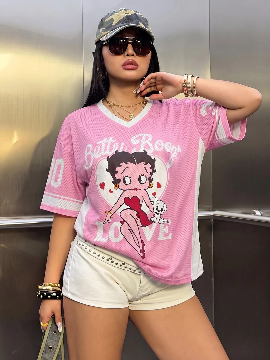 Betty Boop x SHEIN Plus Size Women's Letter Cartoon Print V-Neck Drop Shoulder Casual T-Shirt - Pink - View 1