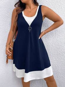 Linhara CURVE Plus Size Colorblock Sleeveless Casual Summer Dress - Multicolor - View 4