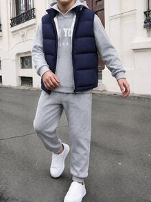 SHEIN 3件組兒童青少年男孩休閒返校套裝，加厚外套、冬季外套背心套裝，灰色連帽衛衣、針織冬季長褲、加厚背心，適合秋冬季節 - 灰色 - 查看 2