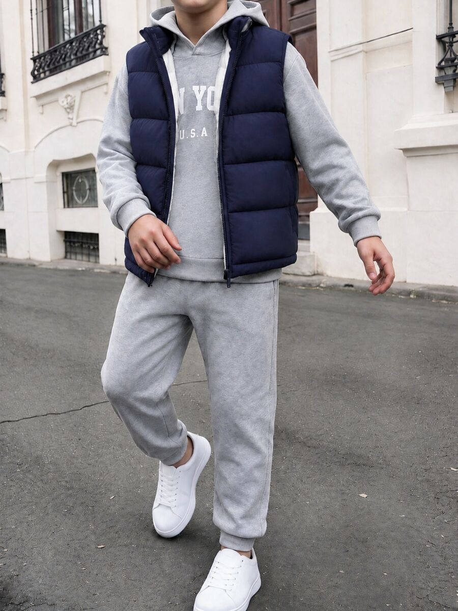 SHEIN 3件組兒童青少年男孩休閒返校套裝，加厚外套、冬季外套背心套裝，灰色連帽衛衣、針織冬季長褲、加厚背心，適合秋冬季節