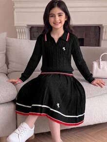 SHEIN 兒童青少年女孩灰色針織套裝，可愛刺繡馬格紋毛衣 + 針織迷你秋季裙 2 件套，女孩長袖 V 領套頭衫 - 黑色 - 查看 1